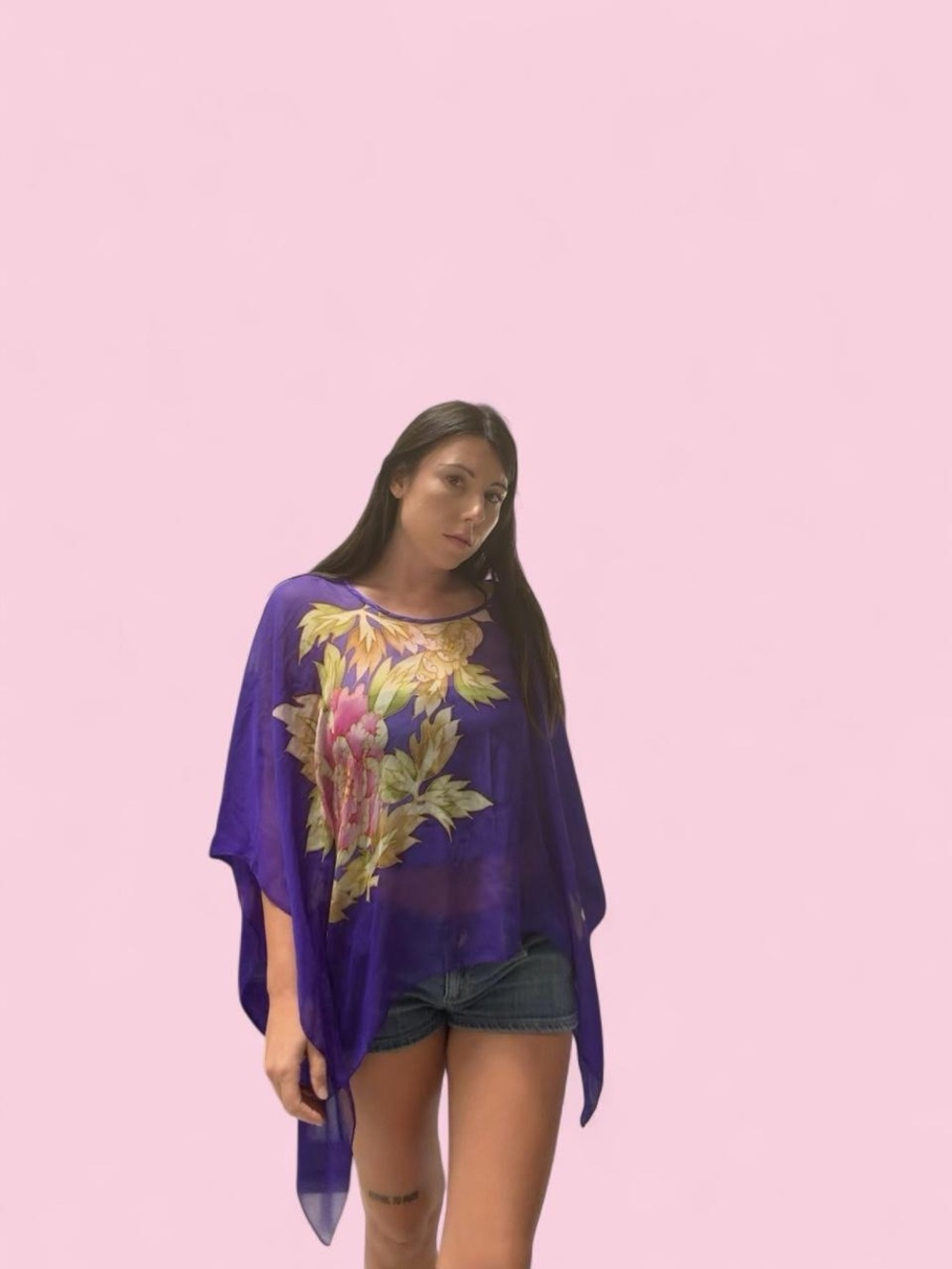 Purple Floral Sheer Poncho Top - Lightweight Women's Coverup